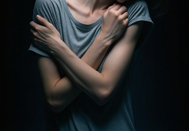 Молодая женщина в серой футболке стоит в темноте, обнимая себя за плечи